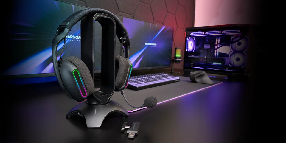 Mars Gaming MHWPRO Belaidės Žaidimų Ausinės 7.1 / Bluetooth 5.3 + 2.4GHz / Daugiaplatformės