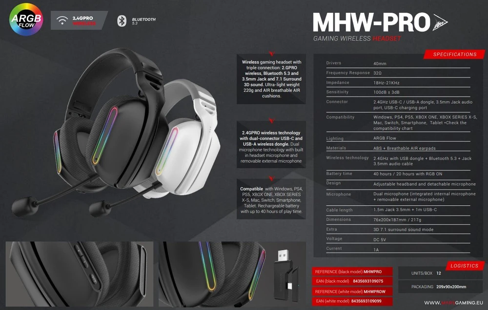 Ausinės Mars Gaming Mars Gaming MHWPROW Belaidės Ausinės Žaidimams 7.1 / Bluetooth 5.3 + 2.4GHz / Multiplatform