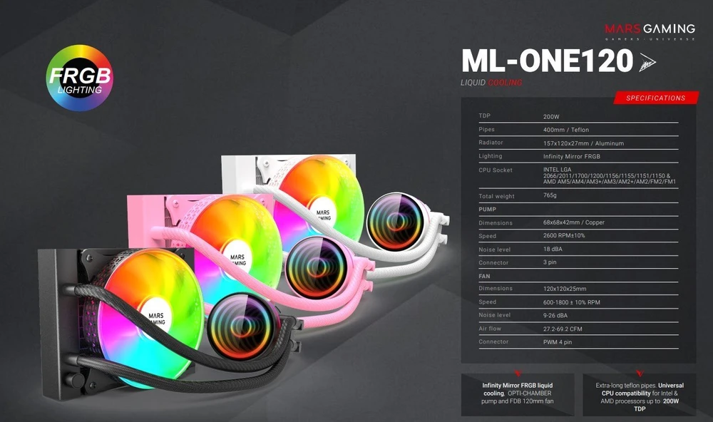 „Mars Gaming ML-ONE120“ procesoriaus skysčio aušinimas FRGB