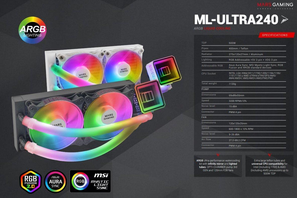 „Mars Gaming ML-ULTRA240“ procesoriaus skysčio aušinimas FDB/ARGB / TRX4/TR4 / AM5 / LGA1700 procesoriaus skysčio aušinimas FRGB