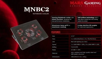 „Mars Gaming MNBC2“ aušinimo žaidimų stovas nešiojamam kompiuteriui