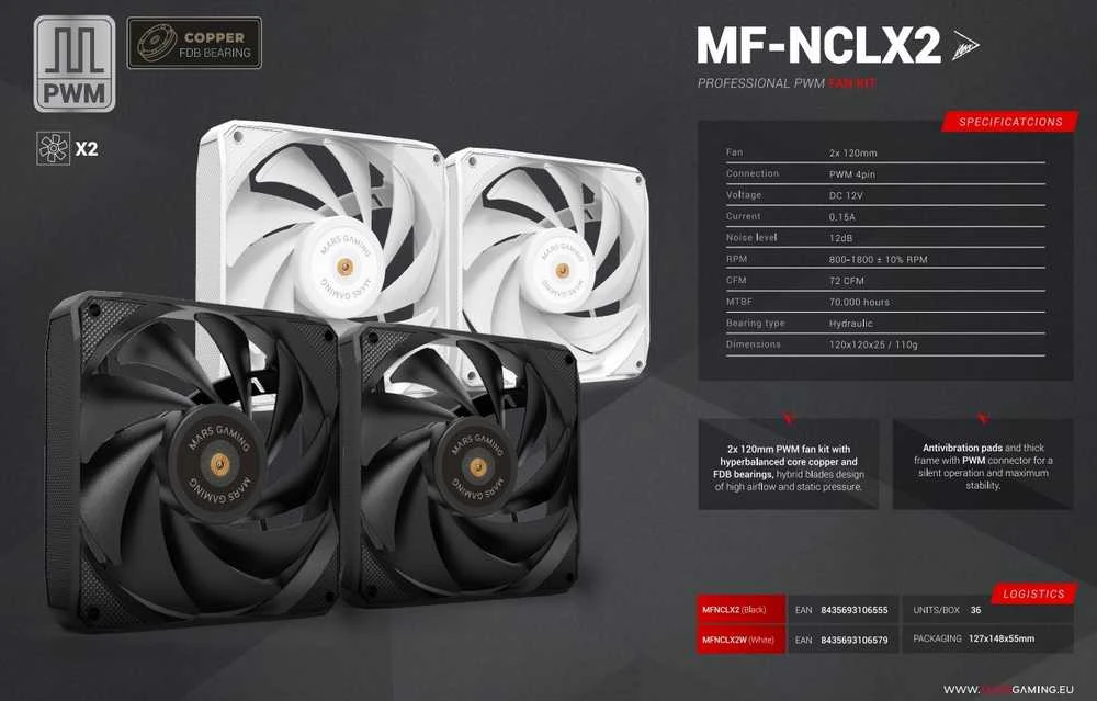 Mars Gaming MNCLX2W PWM ventiliatoriaus komplektas 2x 120mm / FDB