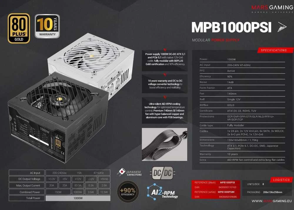 „tacens Mars Gaming MPB1000PSI“ maitinimo blokas 1000 W 24 kontaktų ATX ATX Juodas