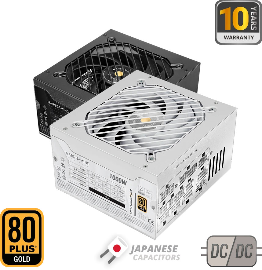 „Mars Gaming MPB1000PSIW“ pilnai modulinis maitinimo šaltinis, 1000 W, ATX 3.1 / PCIe 5.1 / 140 mm