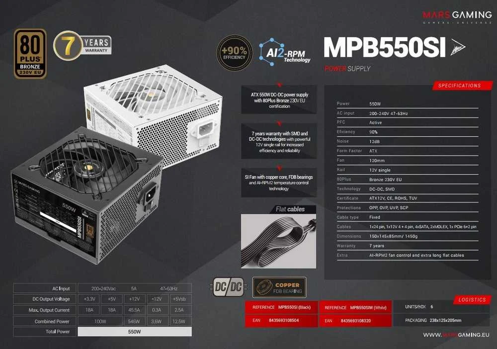 „tacens Mars Gaming MPB550SI“ maitinimo blokas 550 W 24 kontaktų ATX ATX Juodas
