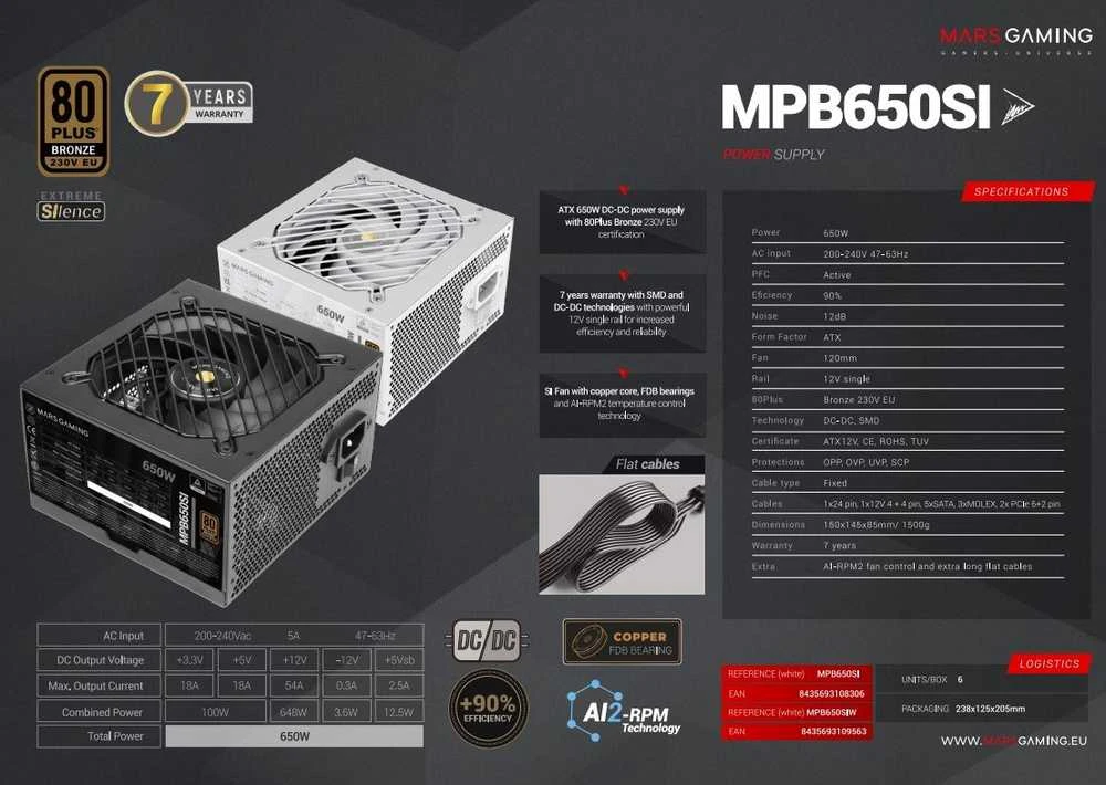 „tacens Mars Gaming MPB650SI“ maitinimo blokas 650 W 24 kontaktų ATX ATX Juodas