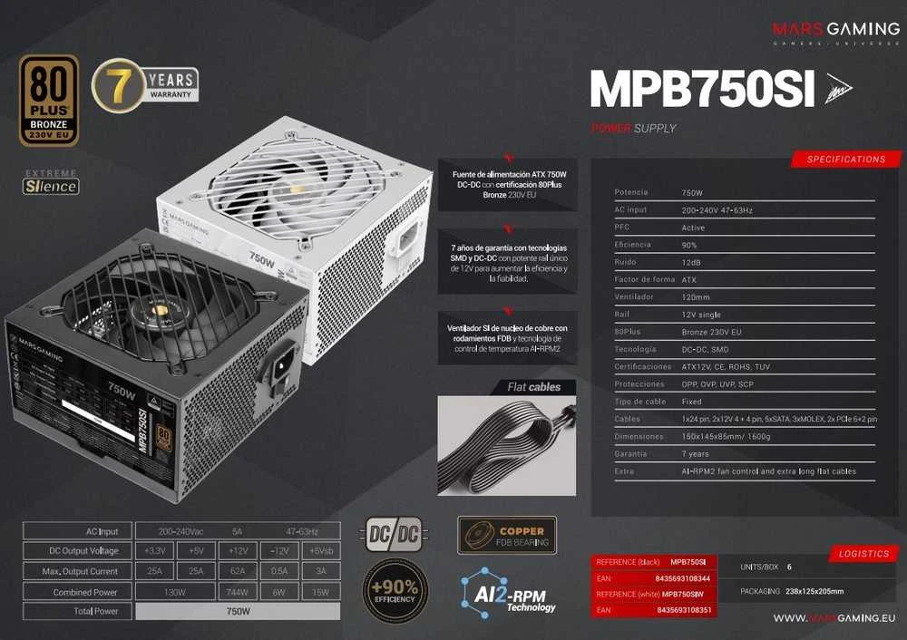 „tacens Mars Gaming MPB750SI“ maitinimo blokas 750 W 24 kontaktų ATX ATX Juodas