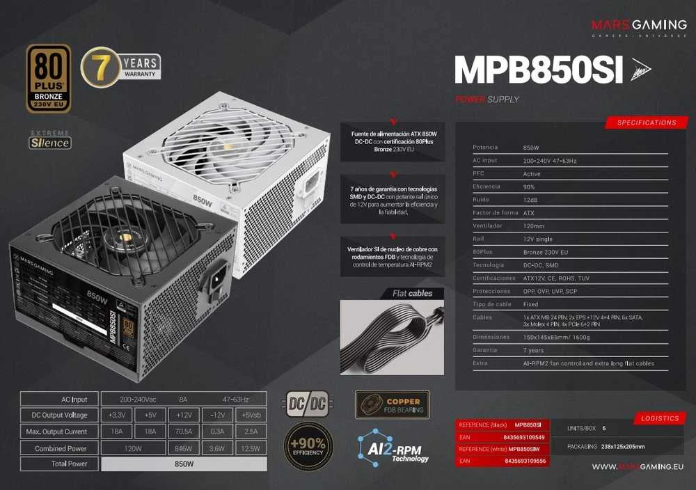 „tacens Mars Gaming MPB850SI“ maitinimo blokas 850 W 24 kontaktų ATX ATX Juodas