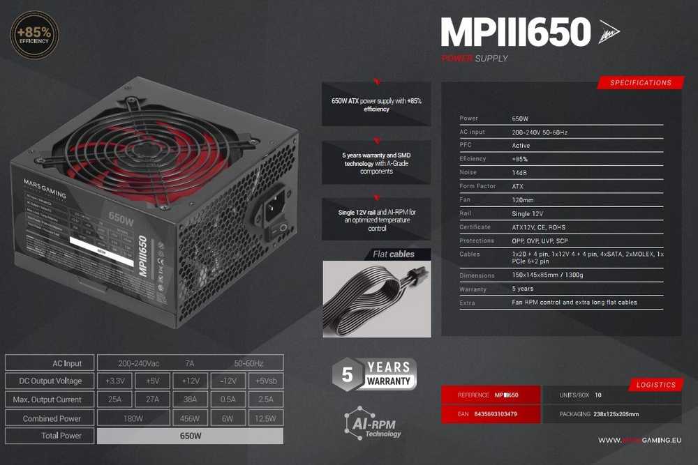 „Mars Gaming MPIII650“ maitinimo šaltinis, ATX, 650 W