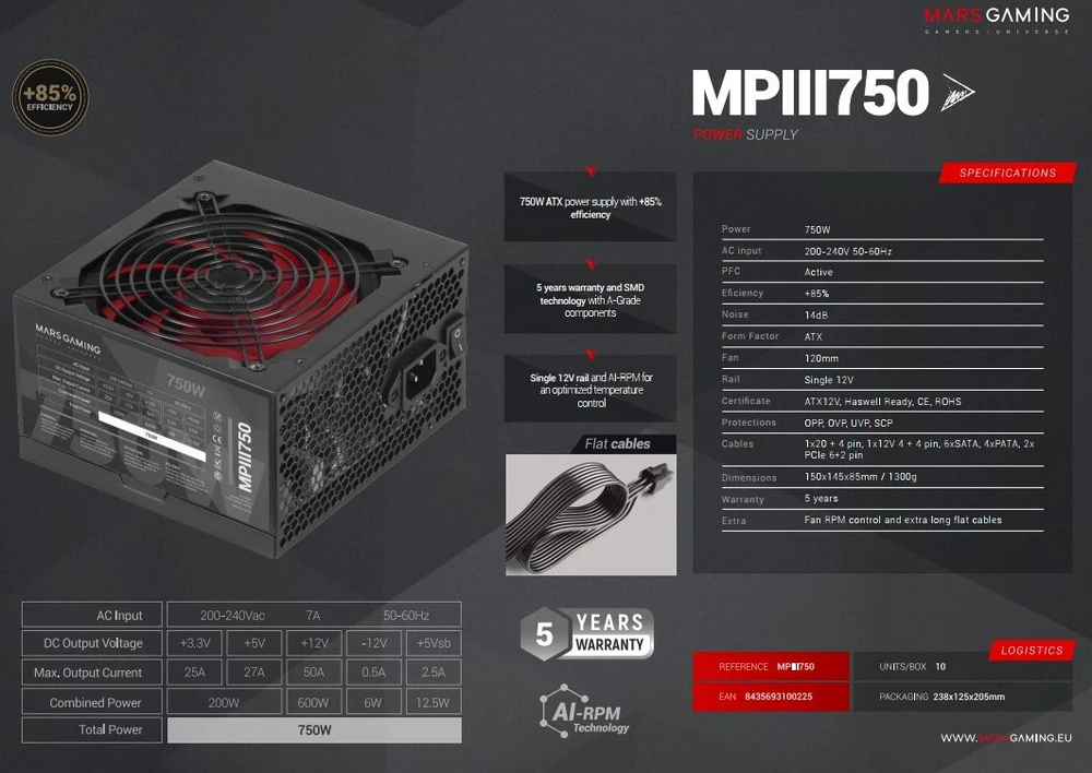 „Mars Gaming MPIII750“ maitinimo šaltinis, ATX, 750 W