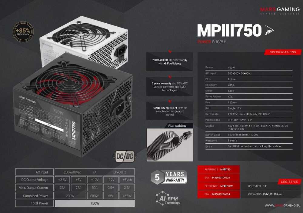 „Mars Gaming MPIII750W“ maitinimo šaltinis, ATX, 750 W