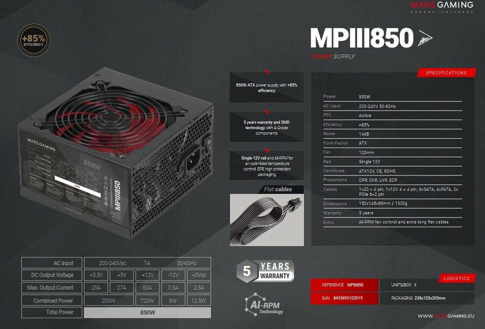 Maitinimo šaltinis Mars Gaming Zasilanie Mars Gaming MPIII850 ATX 850 W
