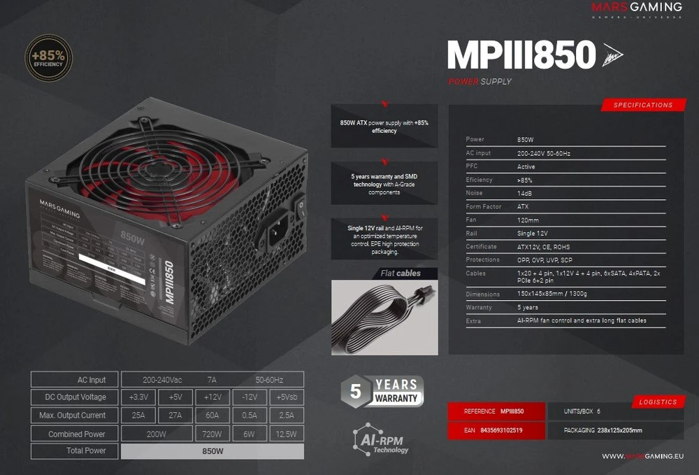 Maitinimo šaltinis Mars Gaming MPIII850 850W
