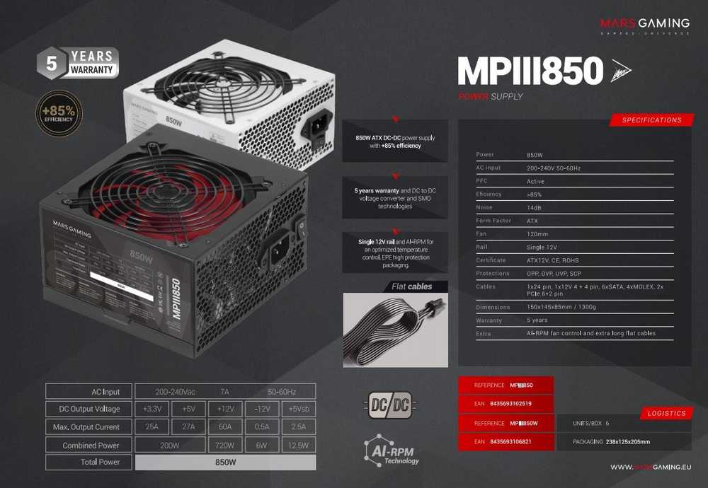 „Mars Gaming MPIII850W“ maitinimo šaltinis, ATX, 850 W