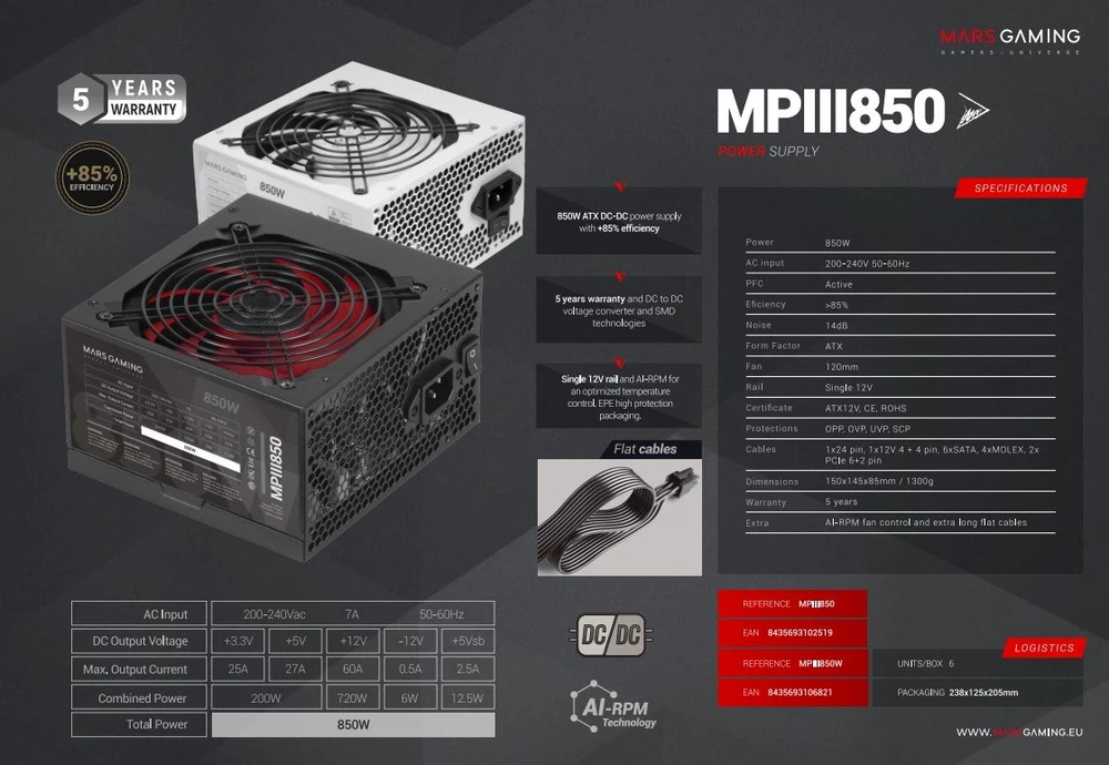 Maitinimo šaltinis Mars Gaming Mars Gaming MPIII850W Power Supply ATX 850W