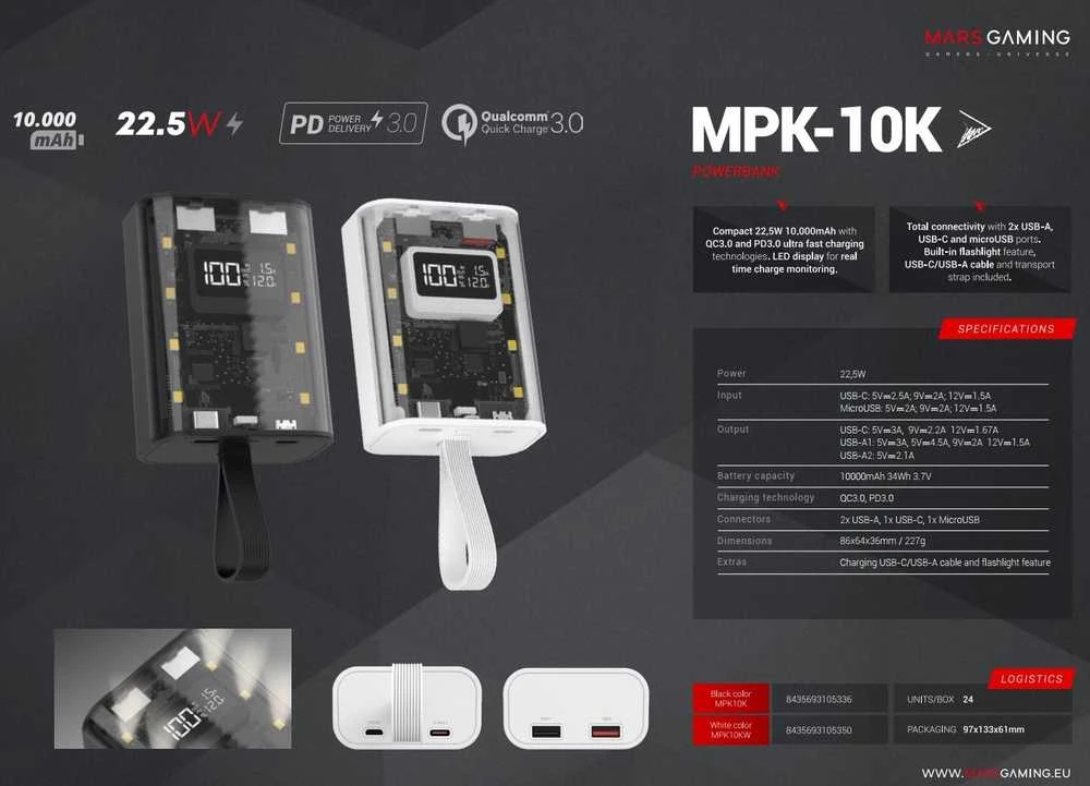 „Mars Gaming MPK10KW“ išorinė baterija, 10000 mAh / QC3.0 ir PD3.0