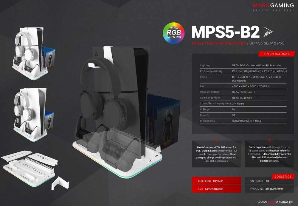 „Mars Gaming MPS5B2“ daugiafunkcis PS5 stovas su aušinimu ir RGB