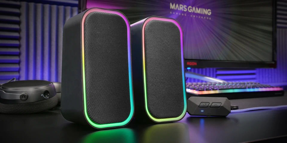 Kompiuterio kolonėlės „Mars Gaming MSOM“ USB DSP stereo garsiakalbiai kompiuteriui, 20 W / RGB / „Bluetooth 5.3“