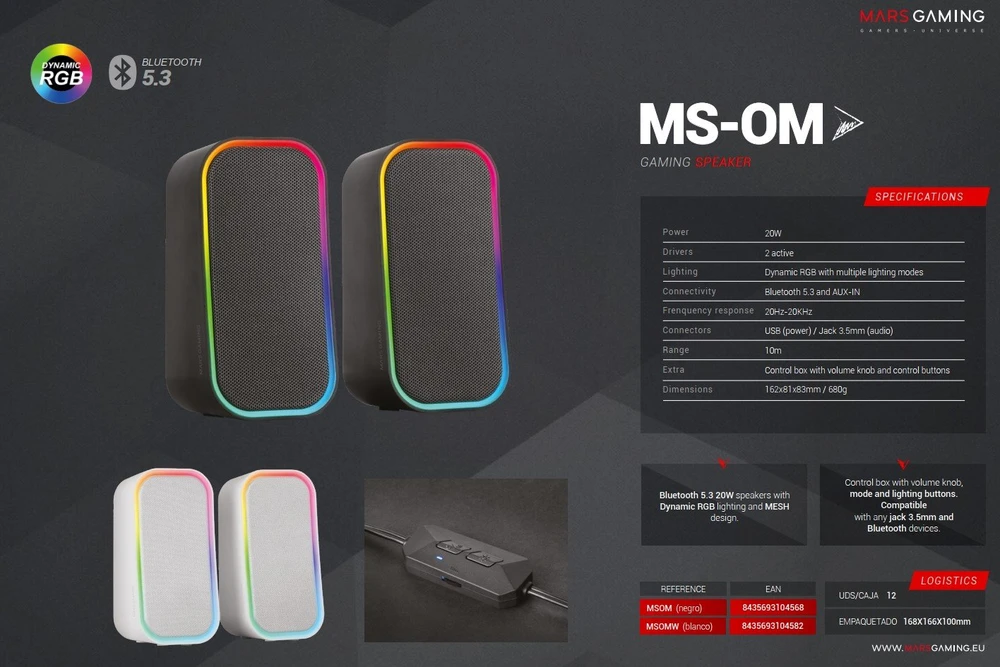Kompiuterio kolonėlės „Mars Gaming MSOM“ USB DSP stereo garsiakalbiai kompiuteriui, 20 W / RGB / „Bluetooth 5.3“