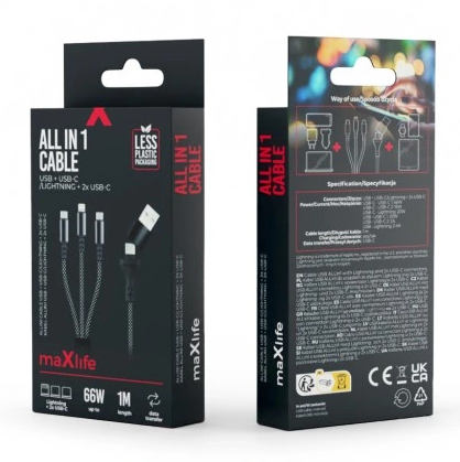 Maxlife ALLin1 laidas USB + USB-C – Lightning + 2x USB-C 1,0 m 66W juodas