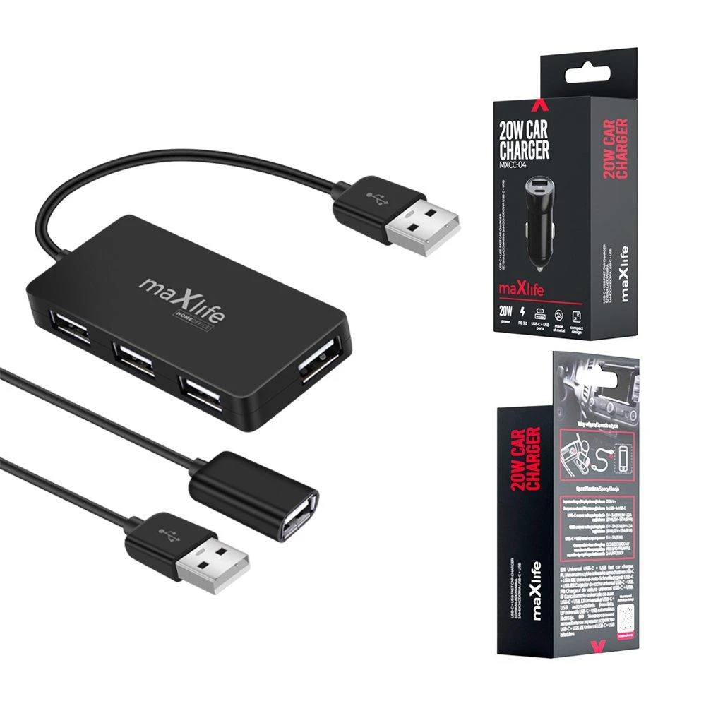 Maxlife Home Office USB 2.0 šakotuvas USB – 4x USB 0,15 m juodas + laidas 1,5 m