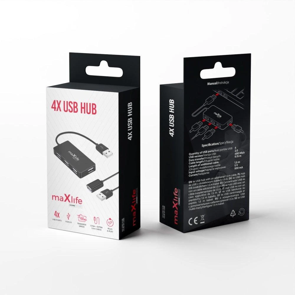 Maxlife Home Office USB 2.0 šakotuvas USB – 4x USB 0,15 m juodas + laidas 1,5 m