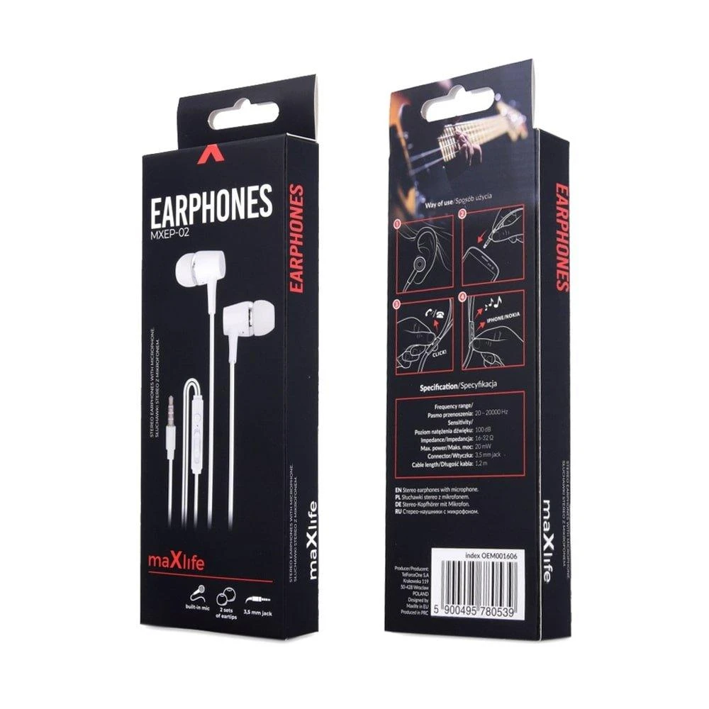 Maxlife laidinės ausinės MXEP-02, 3,5 mm jungtis, baltos