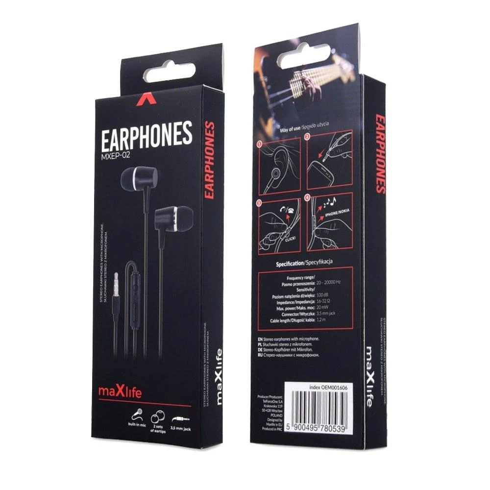 Maxlife laidinės ausinės MXEP-02, 3,5 mm jungtis, juodos