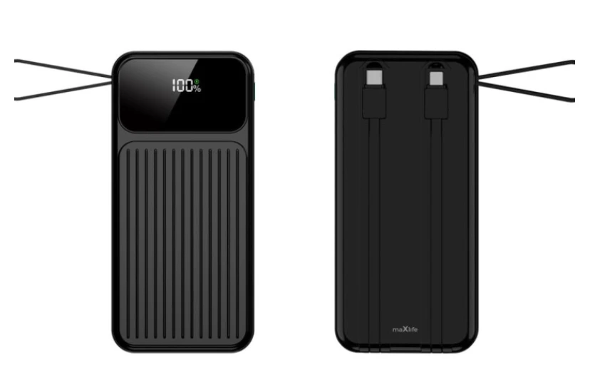 Maxlife išorinė baterija su integruotais laidais MXPB-06 PD QC 22,5W 10000 mAh juoda