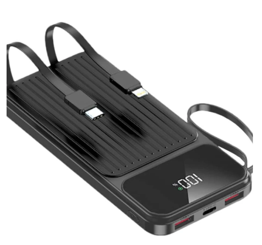 Maxlife išorinė baterija su integruotais laidais MXPB-06 PD QC 22,5W 10000 mAh juoda