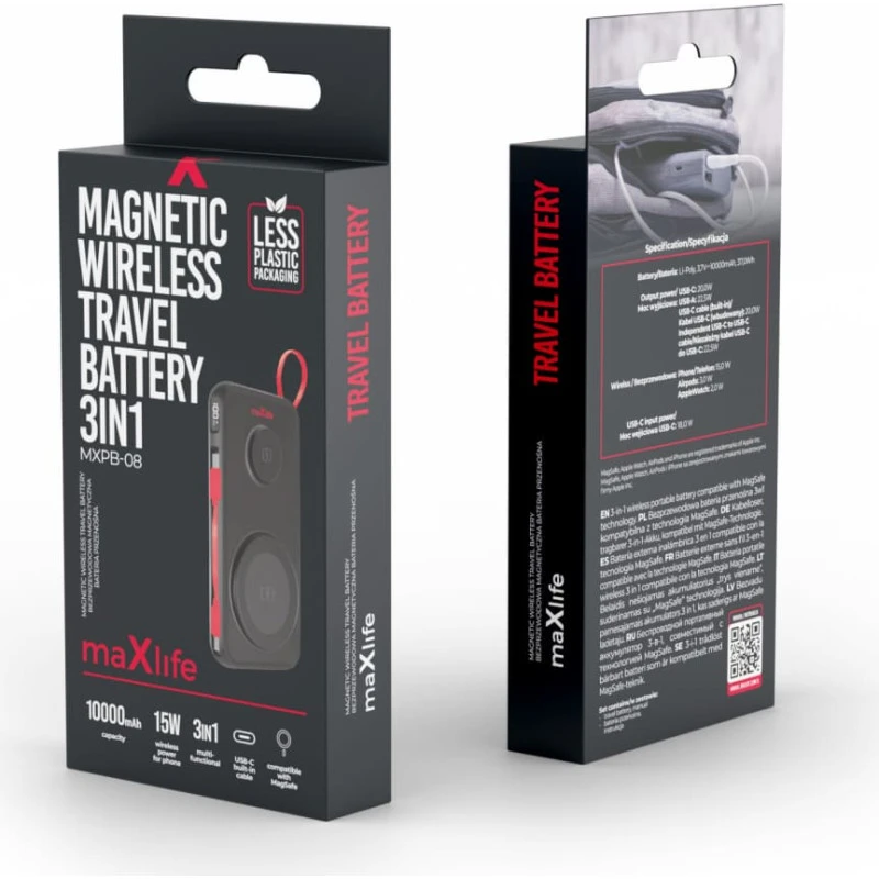Maxlife belaidė išorinė baterija MXPB-08 10000 mAh magnetinė 3in1 juoda