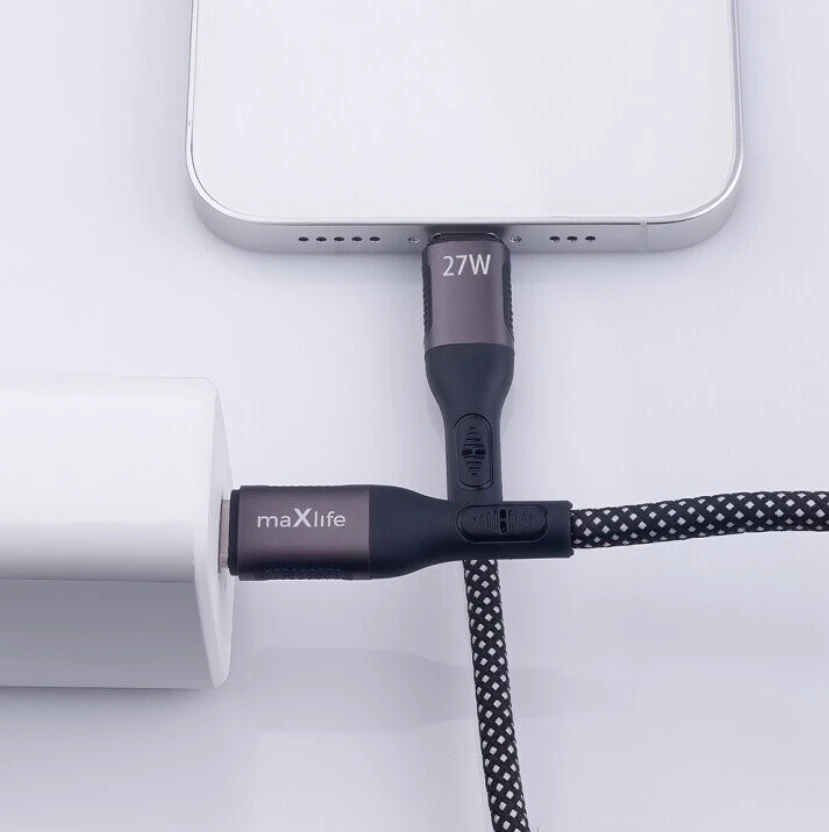 Maxlife MXUC-11 magnetinis laidas USB-C – Lightning 1,0 m 27W juodas nailoninis