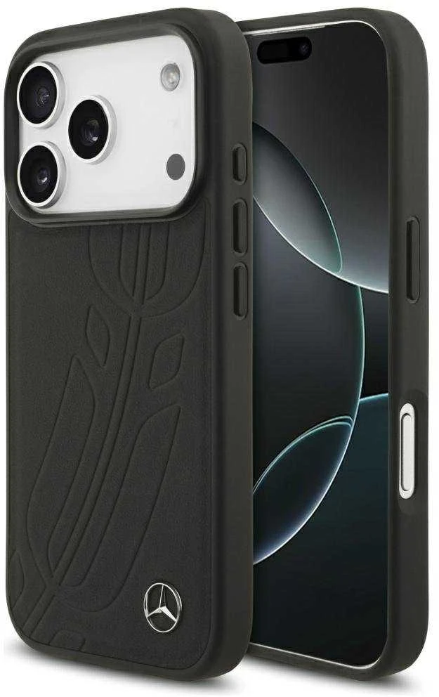 Original dėklas MERCEDES Leather Large Laurel Leave MagSafe skirtas Apple iPhone 17 Pro juodos spalvos