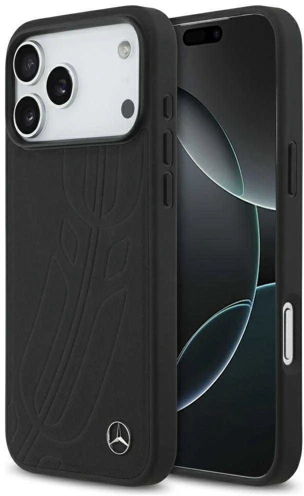 Original dėklas MERCEDES Leather Large Laurel Leave MagSafe skirtas Apple iPhone 17 Pro Max juodos spalvos