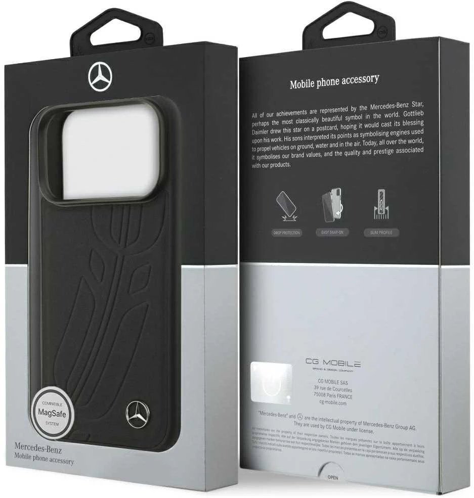 Original dėklas MERCEDES Leather Large Laurel Leave MagSafe skirtas Apple iPhone 17 Pro juodos spalvos