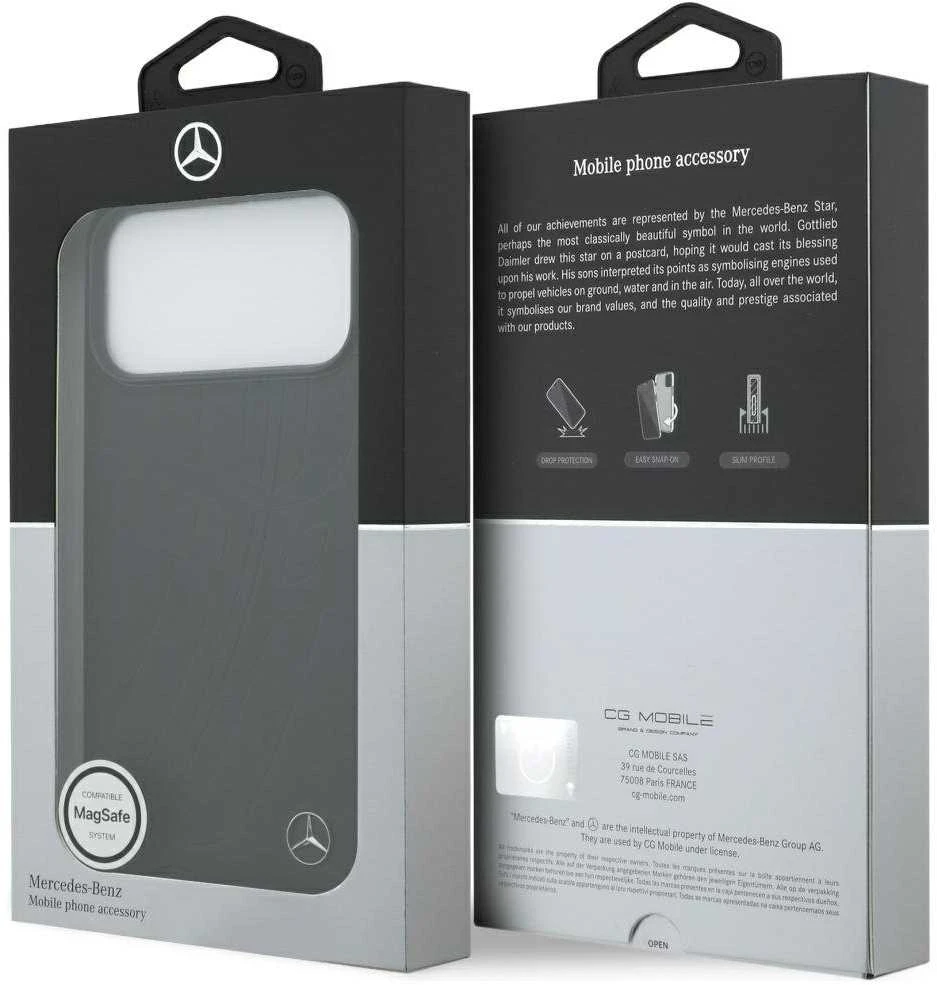 Original dėklas MERCEDES Leather Large Laurel Leave MagSafe skirtas Apple iPhone 17 Pro Max juodos spalvos