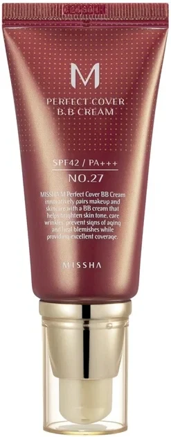 Missha M Perfect Cover BB Kreminis SPF42/PA+++ maskuojantis/drėkinantis BB veido kremas, atspalvis: 27 Honey rusvai gelsvas, 20 ml