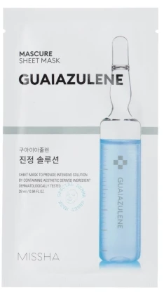 Missha Mascure Calming Solution Guaiazulene Sheet Mask raminanti ir atkurianti lakštinė veido kaukė, 28 ml