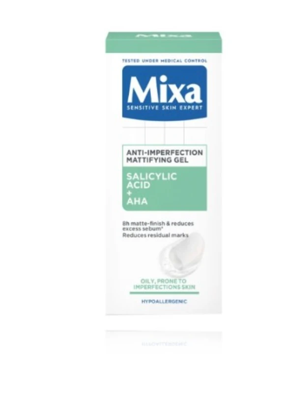 Mixa Salicylic Acid + AHA Anti-Imperfection Mattifying Gel matinis veido kremas mišriai odai, 50 ml