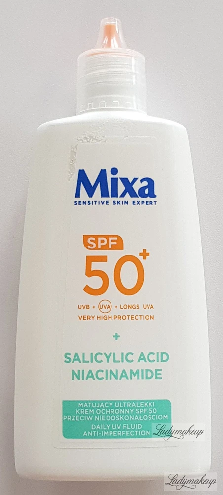 Mixa Salicylic Acid + Niacinamide Daily UV Fluid SPF 50+ apsauginis fluidas nuo saulės veidui, 40 ml