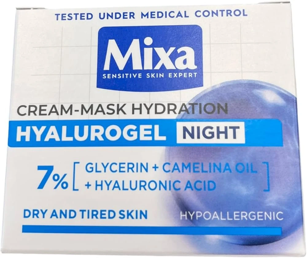 MIXA Ekspert Hyalurogel Night Moisturizing Night Kreminis-Mask drėkinamasis naktinis veido kremas-kaukė, 50 ml