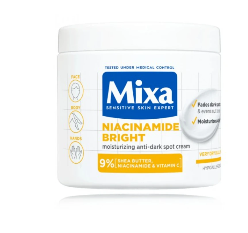Mixa Niacinamide Bright Moisturising Anti-Dark Spot Kremas skaistinantis ir drėkinantis veido kremas, 400 ml