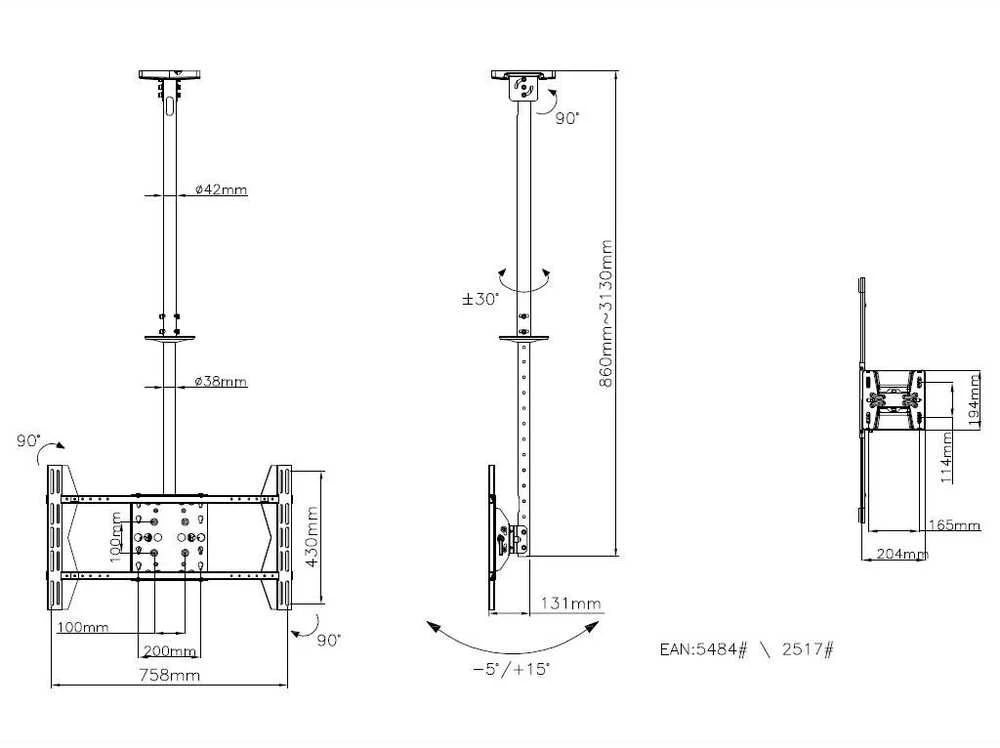 Laikiklis Multibrackets MB PUBL CEIL.MOUNT L SINGLE 40KG MAX.600