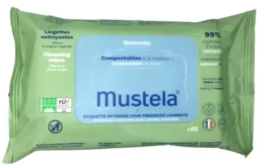 Mustela Baby Compostable Cleaning Wipes With Fragrance drėgnos valomosios servetėlės vaikams, 60 vnt.