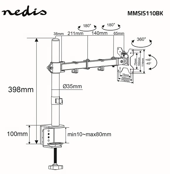 Laikiklis NEDIS MMSIS110BK Table Monitorius Mount 15–32"| VESA 75 x 75 / 100 x 100 | 8kg