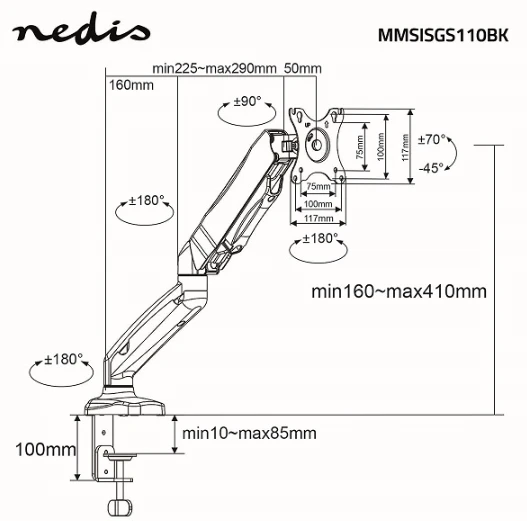 Laikiklis NEDIS MMSISGS110BK Table monitorius Mount 15–32" | VESA 75 x 75 / 100 x 100 | 8kg