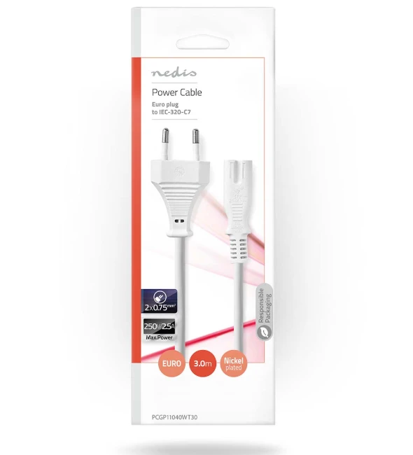 Nedis PCGP11040WT30 Maitinimo kabelis, europinis kištukas - IEC-320-C7 / 3m
