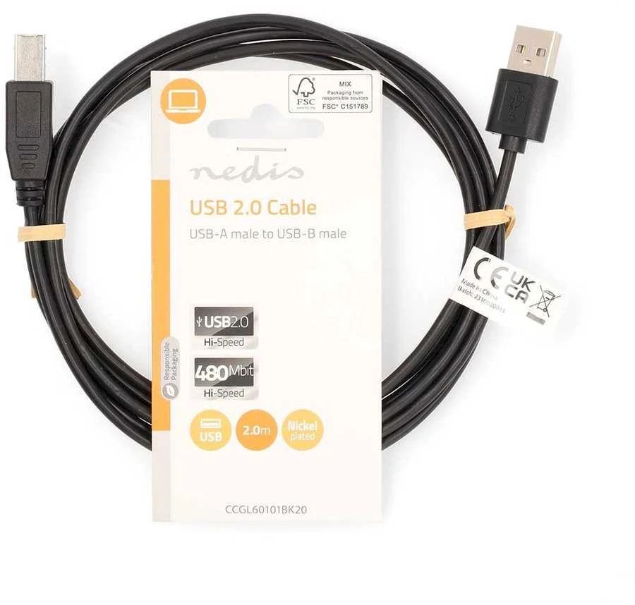 Nedis Kabelis spausdintuvui USB 2.0 A kištukas - USB B kištukas 480Mbps 2m, juodas