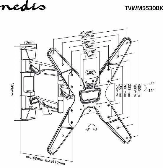 Laikiklis Nedis Wall Mount Full Motion - skirtas ekranams nuo 26 iki 42 colių, pakreipimas +8°/-12°, keliamoji galia 30kg