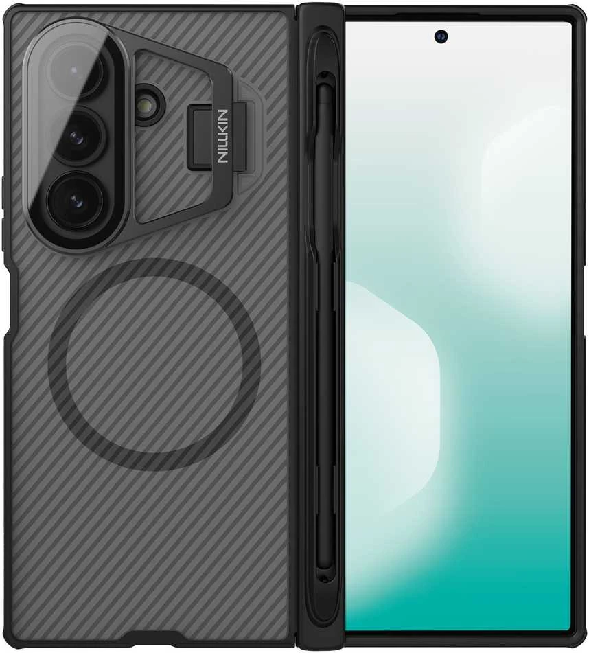 Nillkin CamShield Prop Magnetic Pen Slot dėklas skirtas Samsung Galaxy Z Fold 7 skaidrus juodos spalvos
